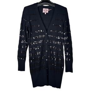 Juicy Couture Black Sequin Stripe Knit Cardigan Small Cotton/Angora/Wool